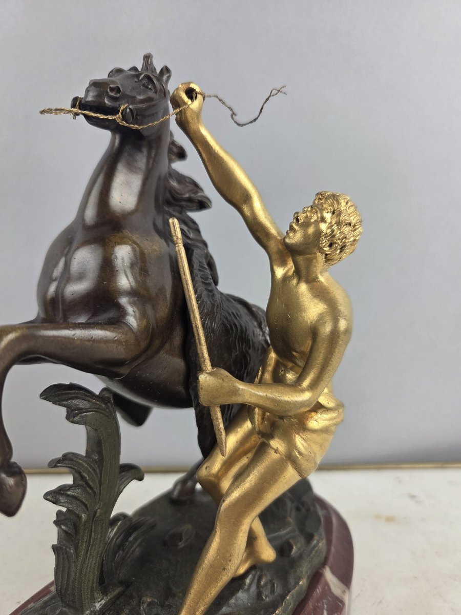 After Guillaume Coustou, "horses Of Marly" In Patinated And Gilded Bronze, 19th-photo-3