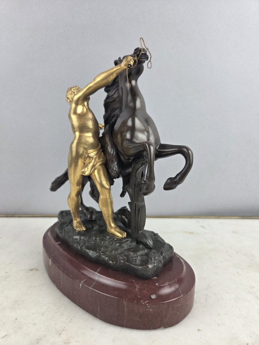 After Guillaume Coustou, "horses Of Marly" In Patinated And Gilded Bronze, 19th-photo-4