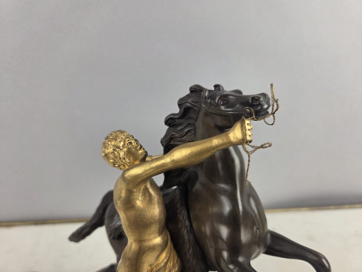 After Guillaume Coustou, "horses Of Marly" In Patinated And Gilded Bronze, 19th-photo-6