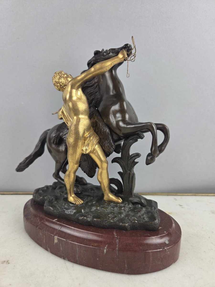 After Guillaume Coustou, "horses Of Marly" In Patinated And Gilded Bronze, 19th-photo-7
