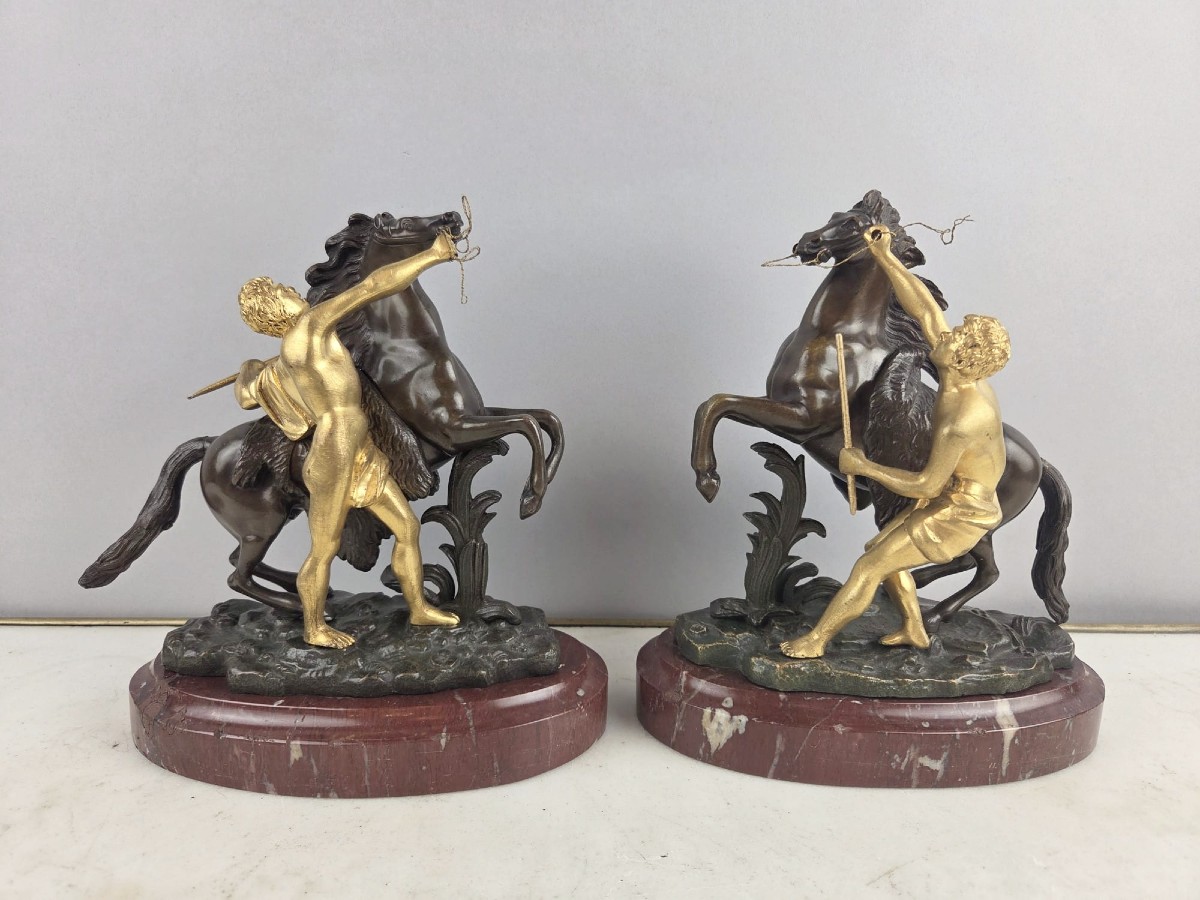 After Guillaume Coustou, "horses Of Marly" In Patinated And Gilded Bronze, 19th