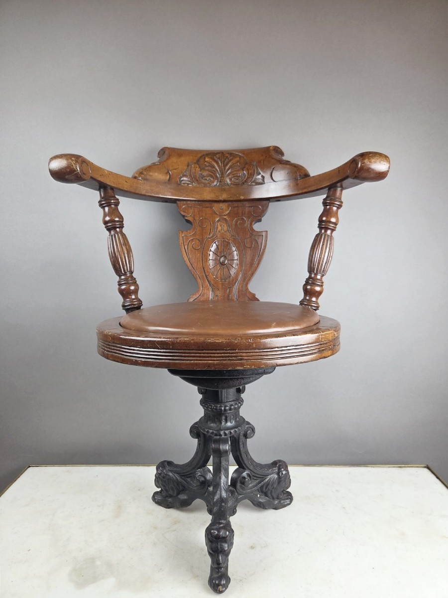 Captain's Chair In Patinated Wood, Late 19th Century