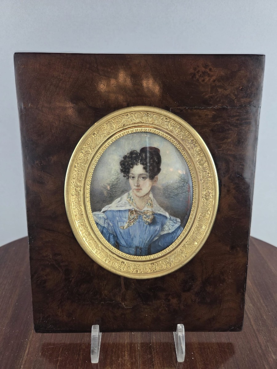 Henri Alois Lorichon (1798 - 1864), "elegant" Miniature In Its Mahogany Frame