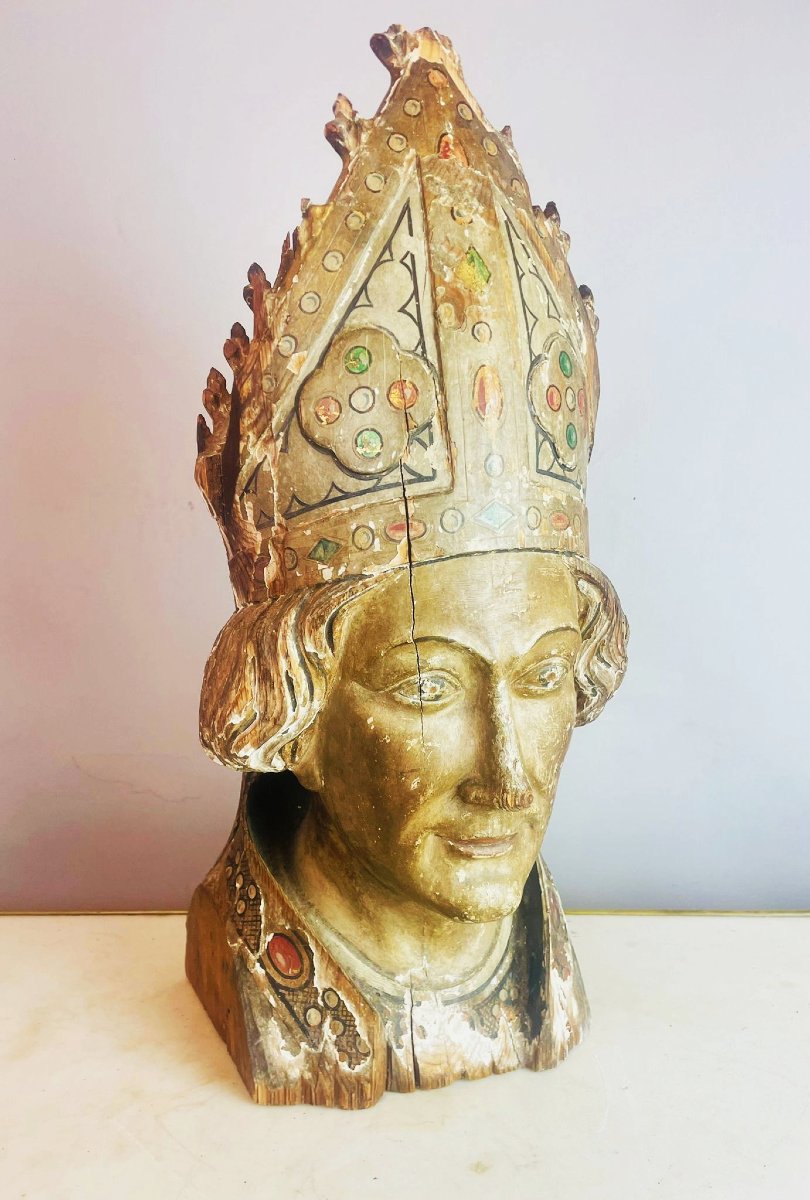 Évêque en bois sculpté polychrome, 18th -photo-2