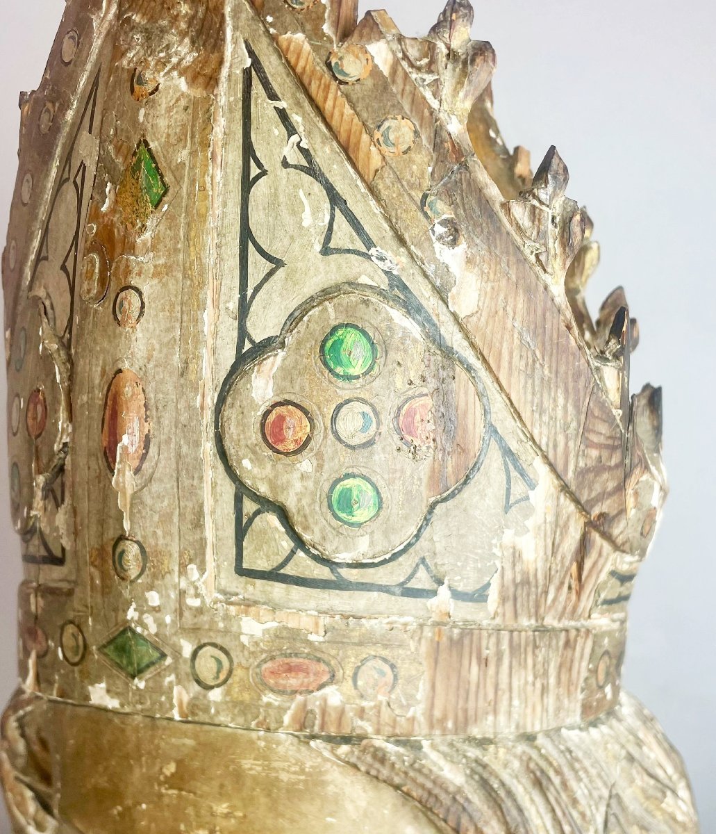 Évêque en bois sculpté polychrome, 18th -photo-2