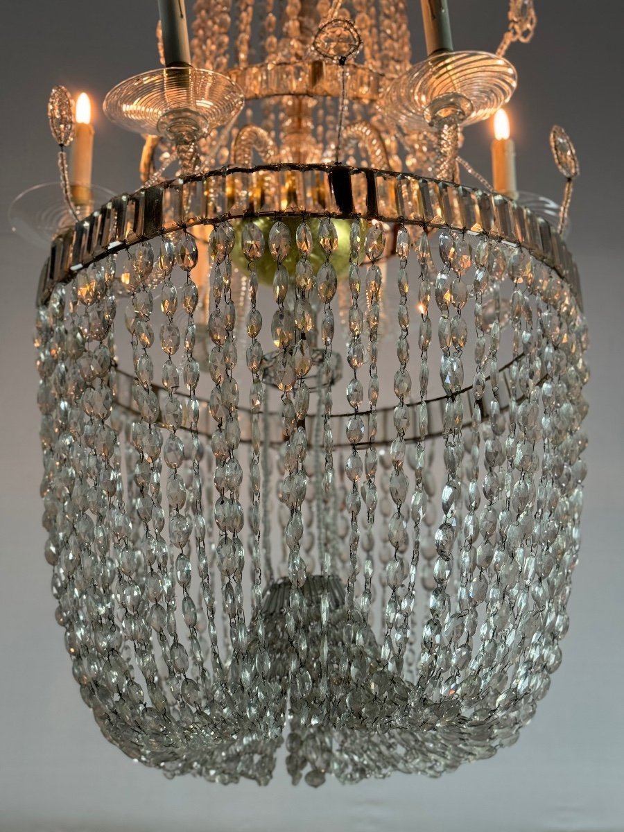 Important Lustre Sac De Perle En Cristal Taillé Navette, Vers 1800  6 bras de lumière-photo-1