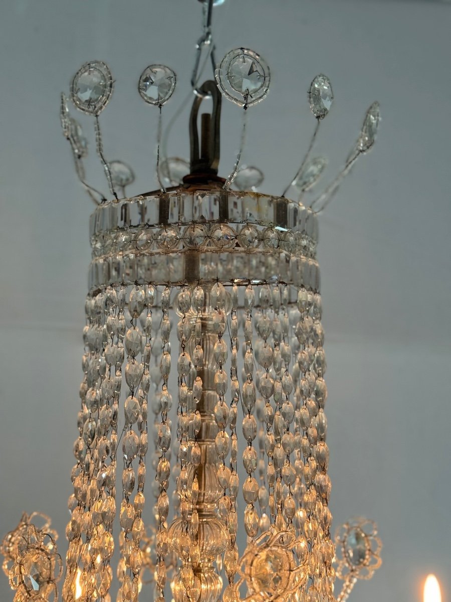 Important Lustre Sac De Perle En Cristal Taillé Navette, Vers 1800  6 bras de lumière-photo-2