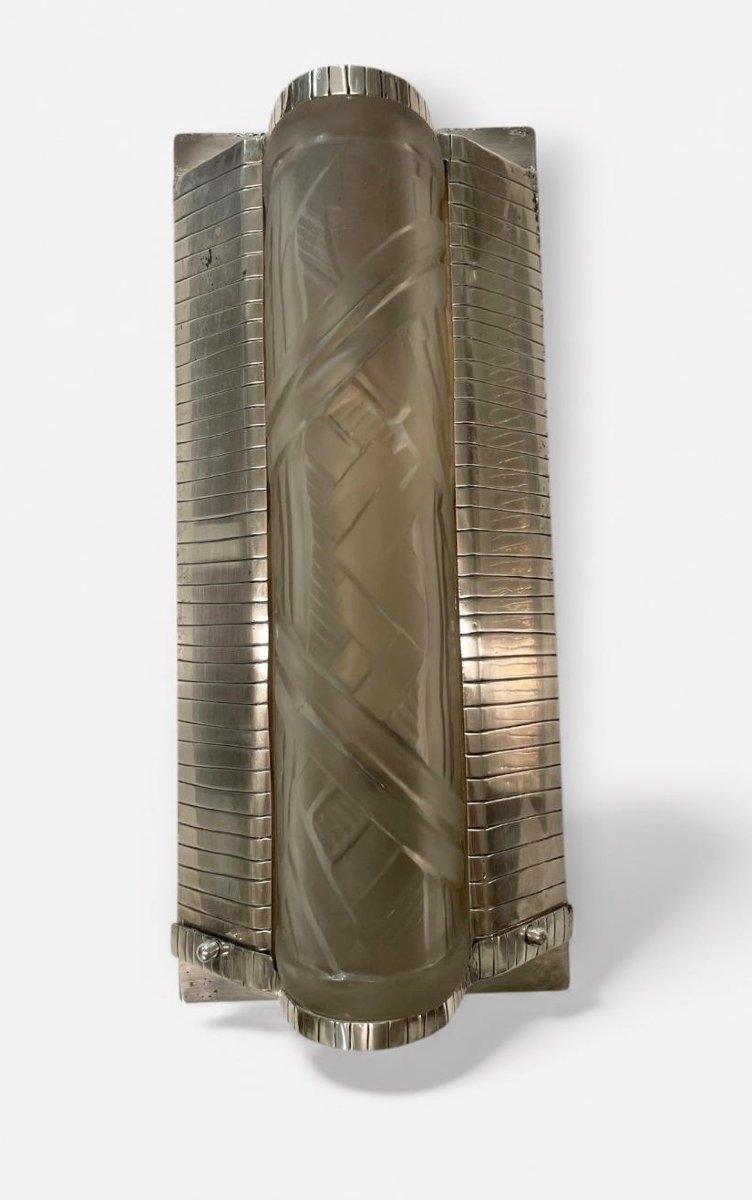 Pair Of Art Deco Wall Sconces In Silver-plated Metal -photo-2