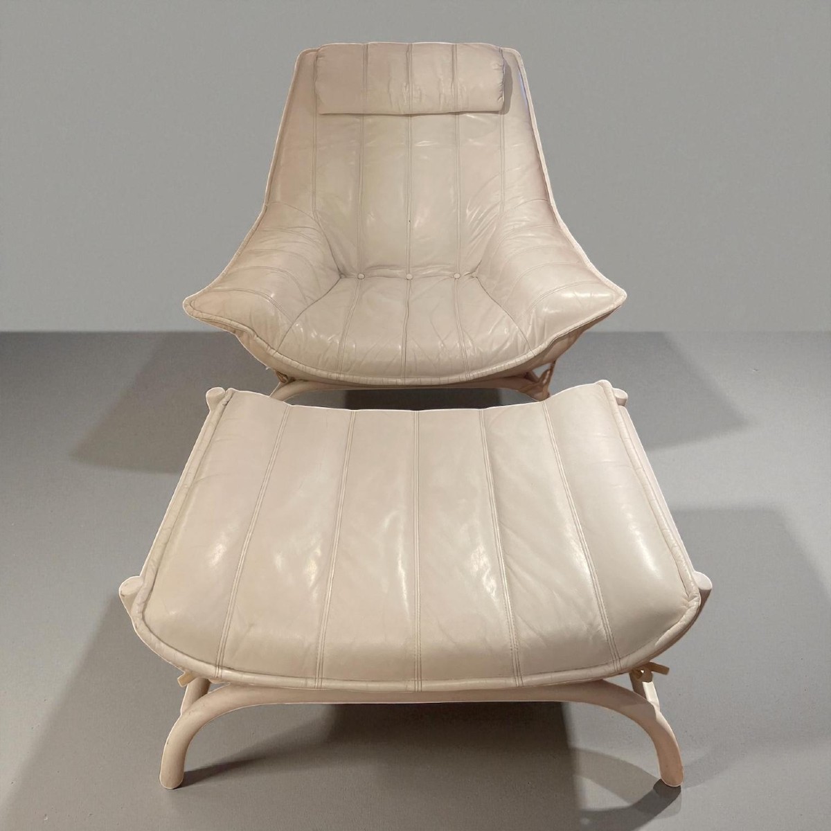 Armchair And Footstool In White Leather And White Patinated Rattan, Circa 1970