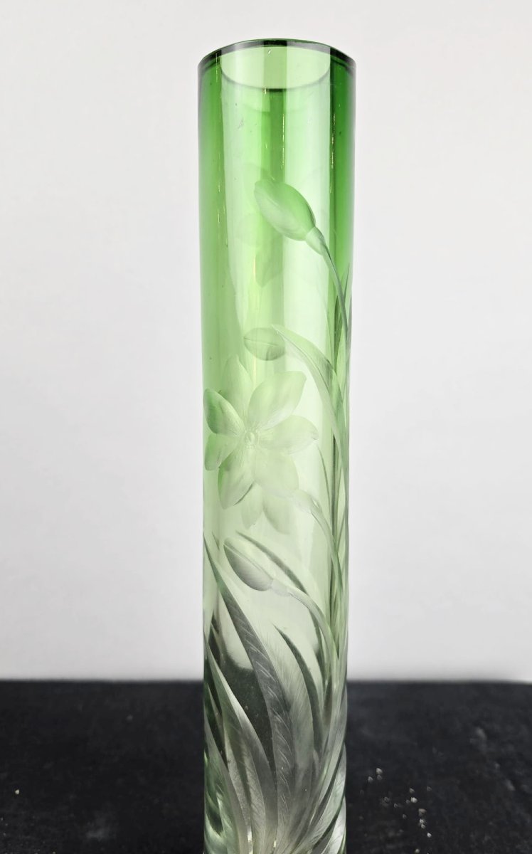 Moser Karlsbad Vase, Circa 1900 — Colorless Glass Tinted Green, Decorated With Deeply Engraved Flowers-photo-2