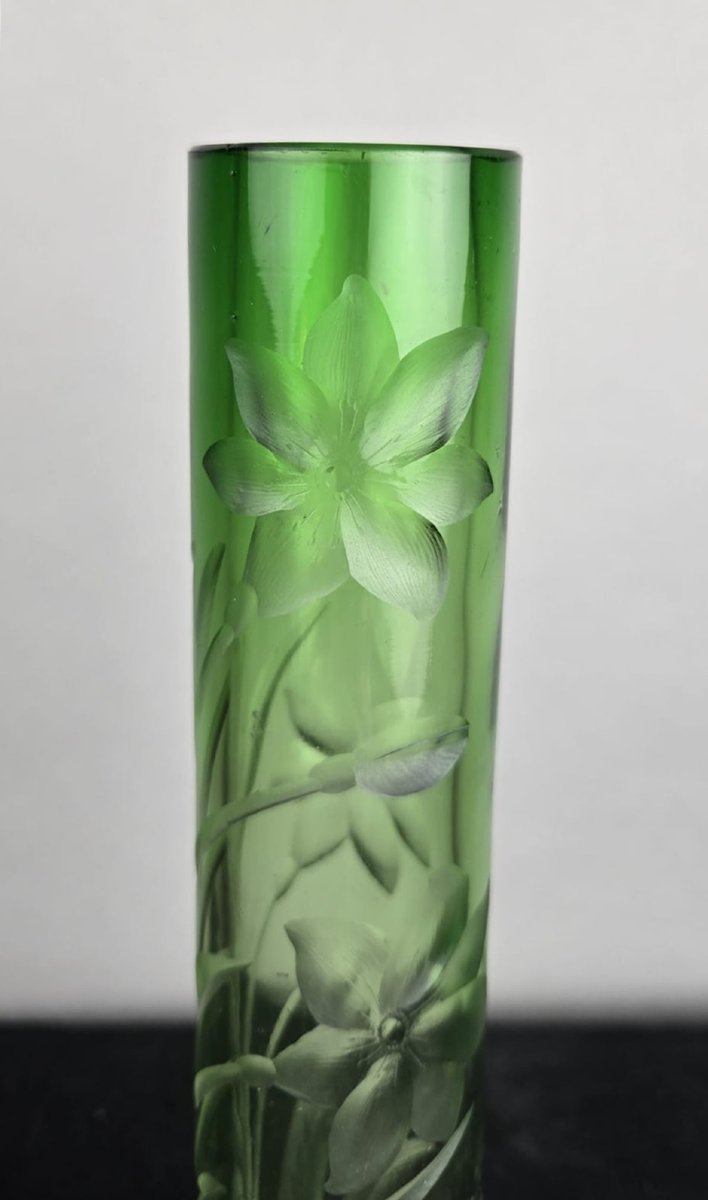 Moser Karlsbad Vase, Circa 1900 — Colorless Glass Tinted Green, Decorated With Deeply Engraved Flowers-photo-1
