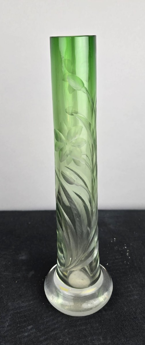 Moser Karlsbad Vase, Circa 1900 — Colorless Glass Tinted Green, Decorated With Deeply Engraved Flowers