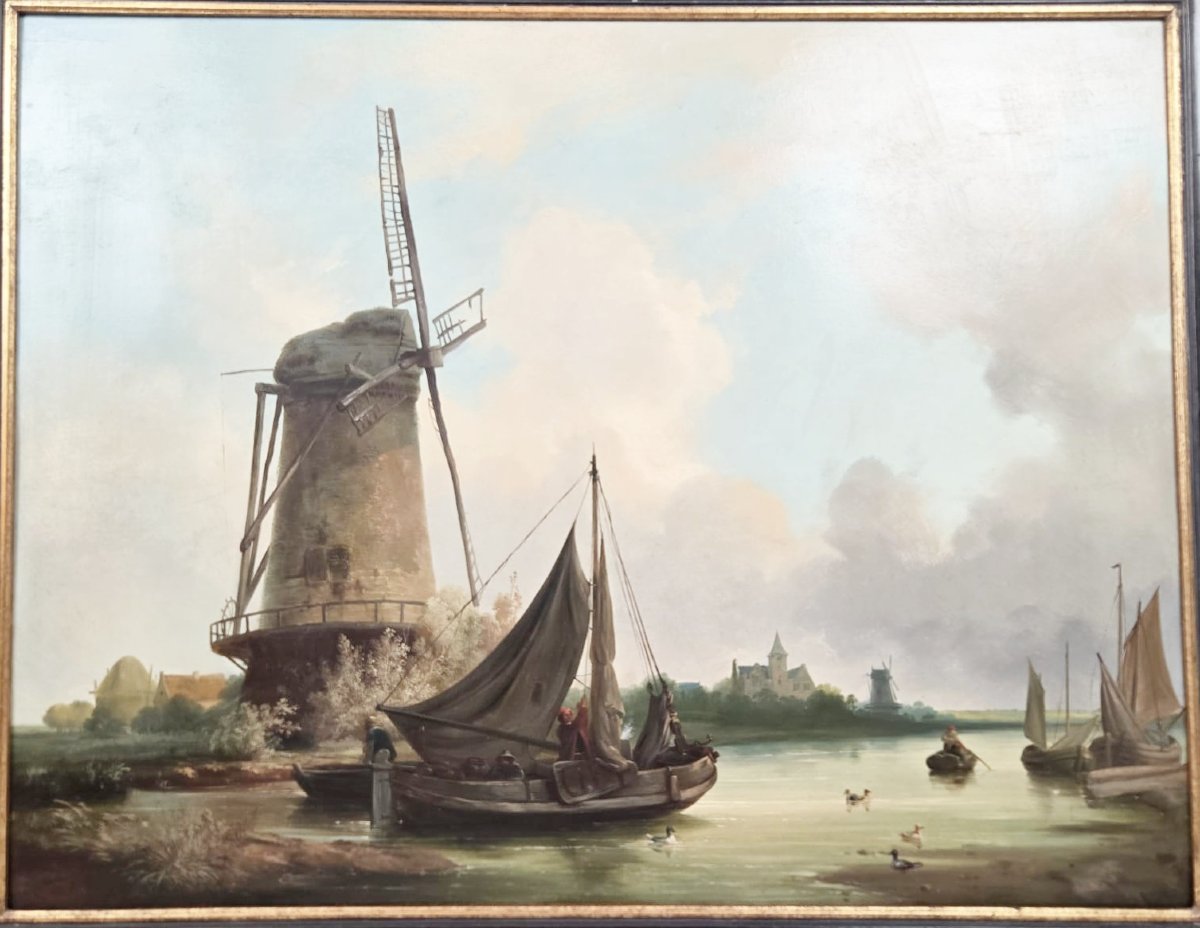 Paysage fluvial avec moulin, Marinus Ferdinand, école hollandaise, début 19th-photo-2