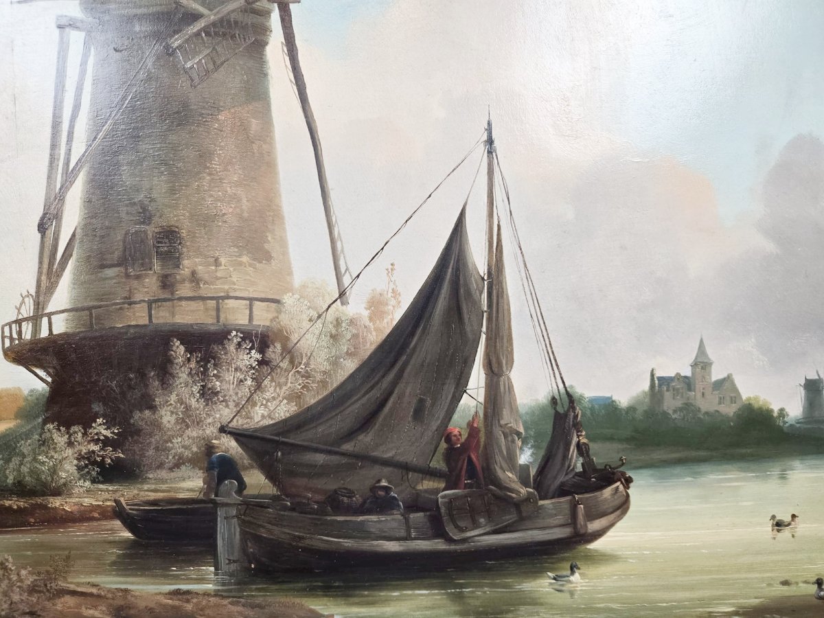Paysage fluvial avec moulin, Marinus Ferdinand, école hollandaise, début 19th-photo-4