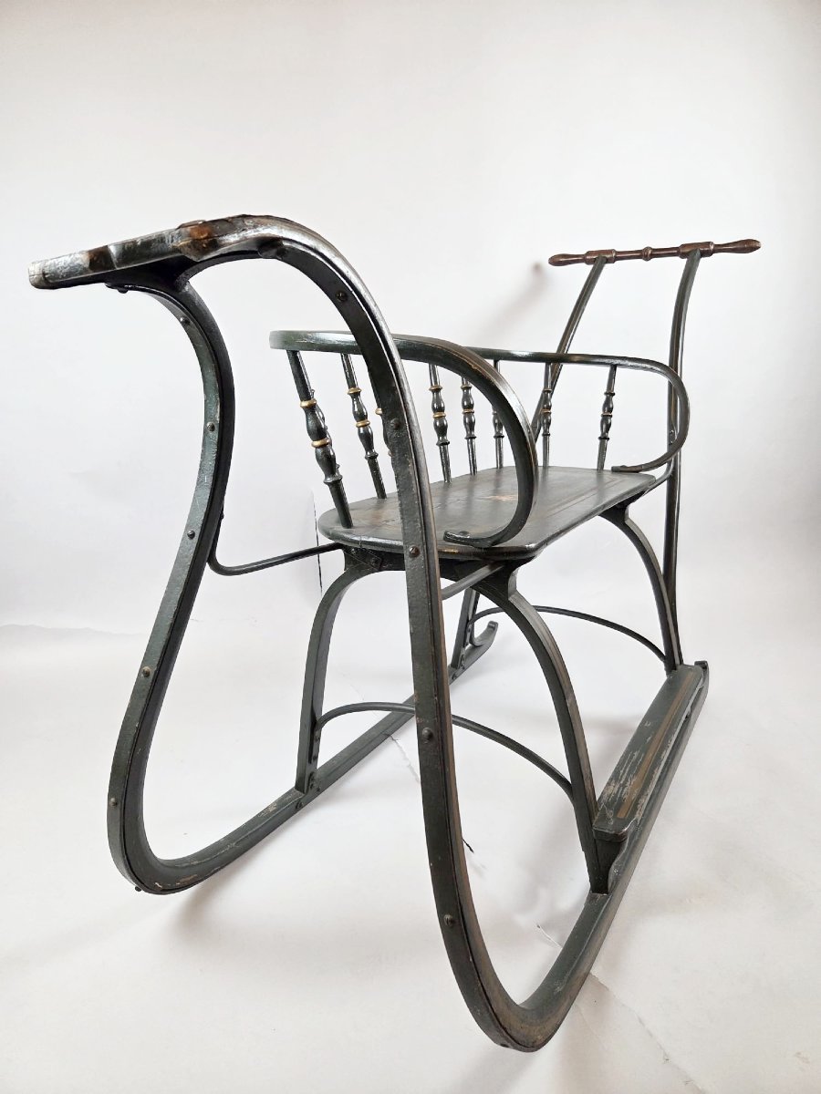 Patinated Wooden Sled Bench, Late 19th Century-photo-4