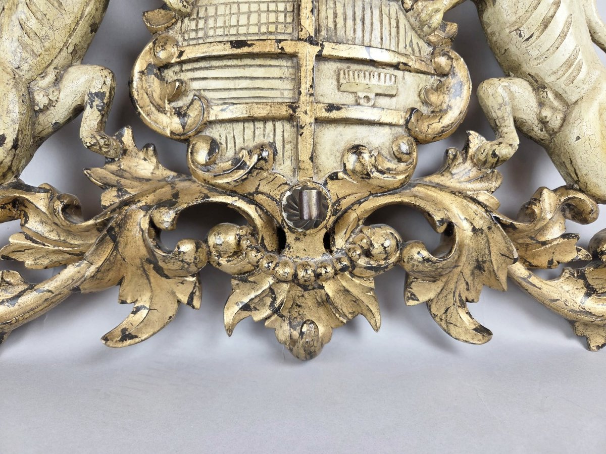 Large Coat Of Arms In Carved And Patinated Wood, 19th-photo-4