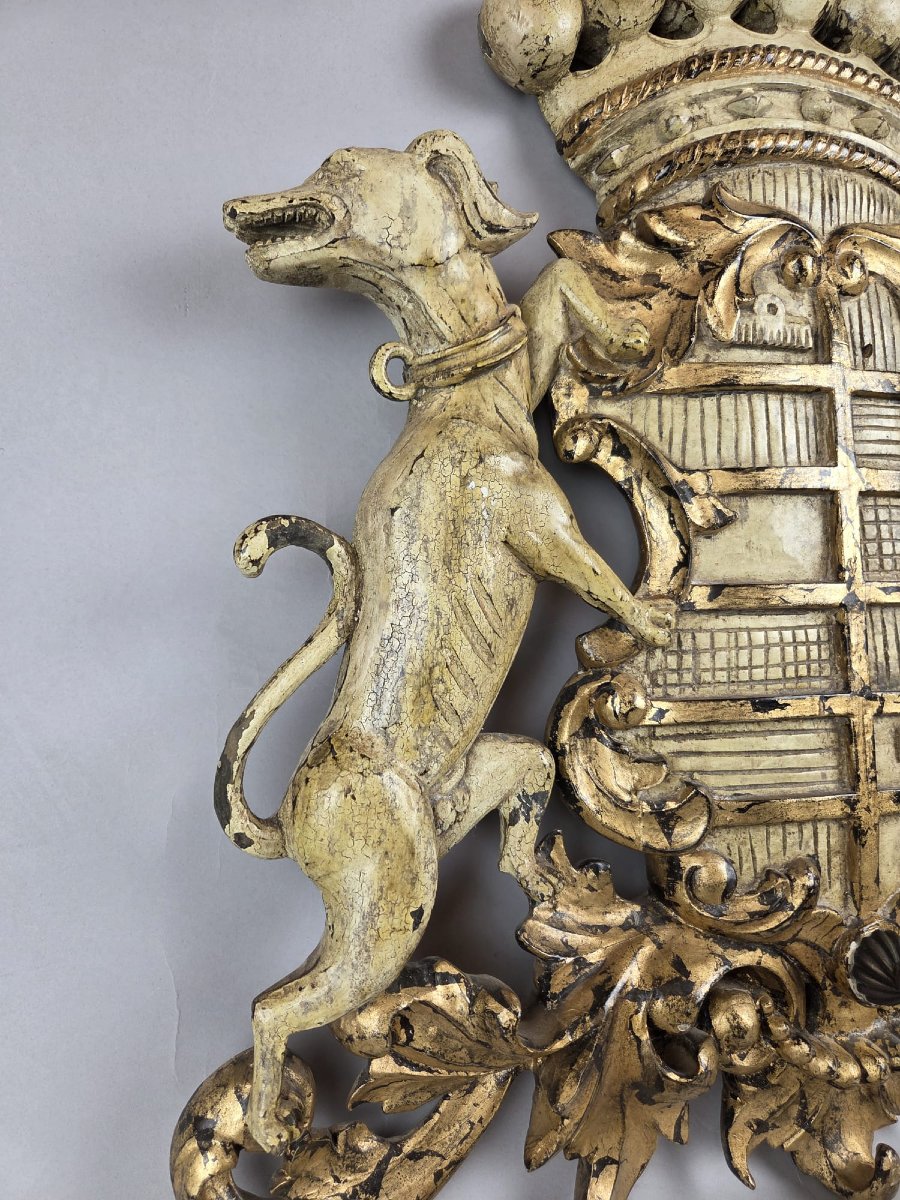 Large Coat Of Arms In Carved And Patinated Wood, 19th-photo-1
