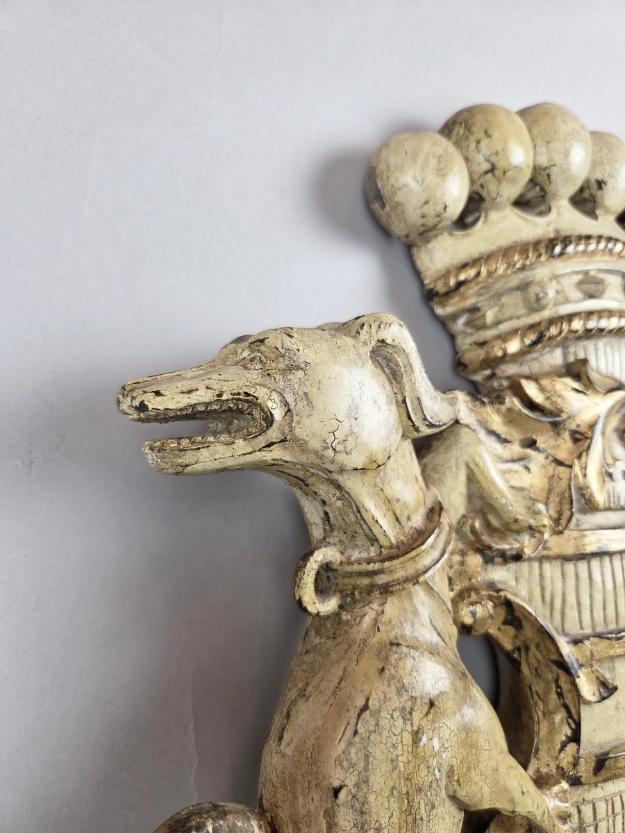 Large Coat Of Arms In Carved And Patinated Wood, 19th-photo-3
