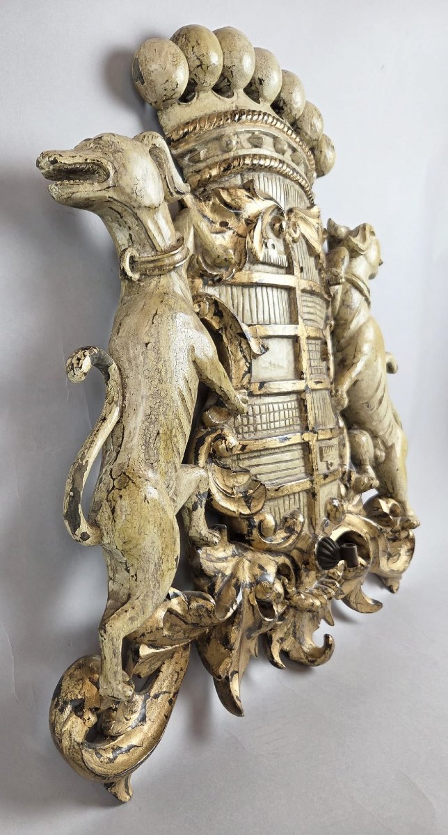 Large Coat Of Arms In Carved And Patinated Wood, 19th-photo-5