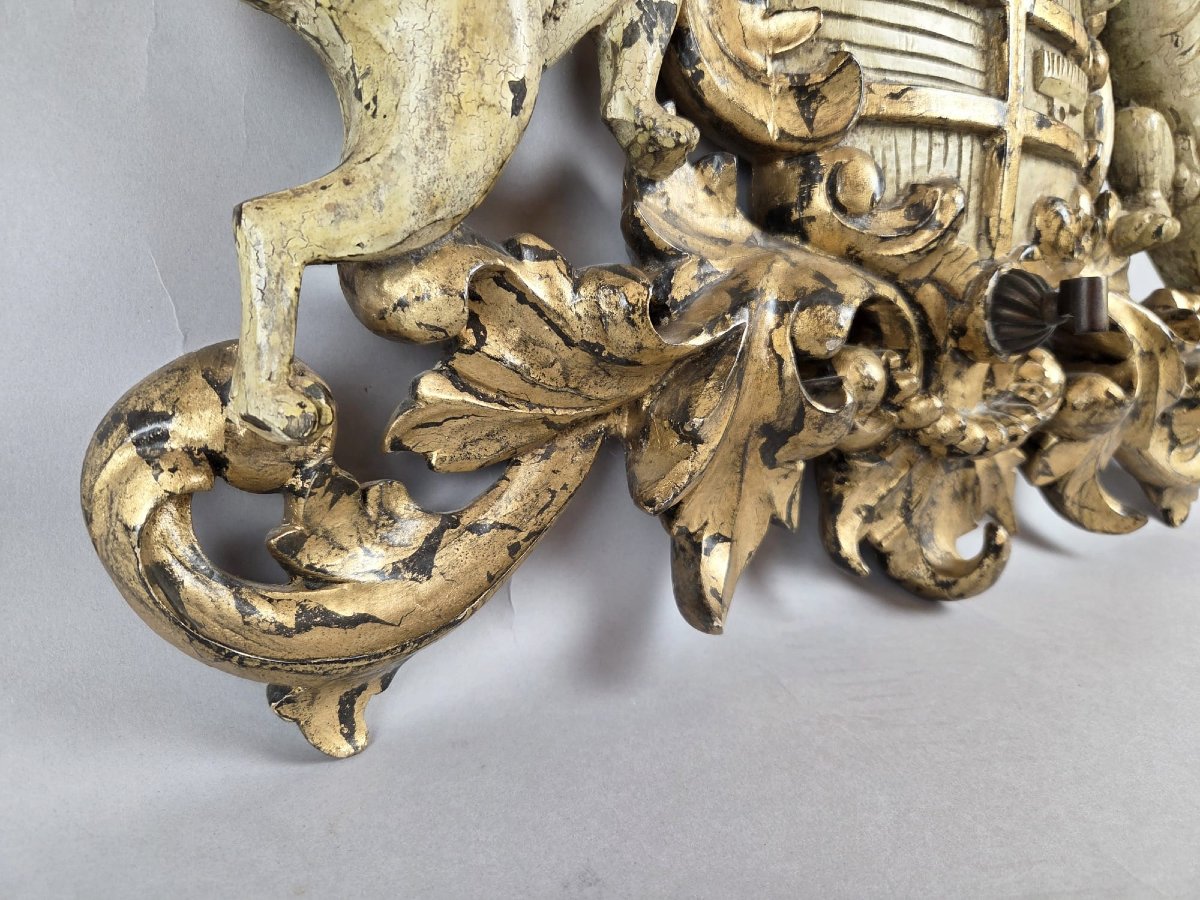 Large Coat Of Arms In Carved And Patinated Wood, 19th-photo-7