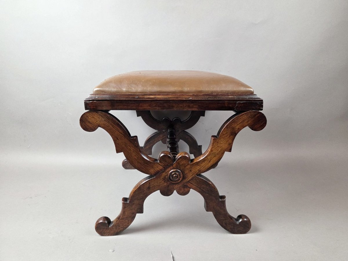 Rosewood Stool With Leather Seat, English Work, 19th Century-photo-2