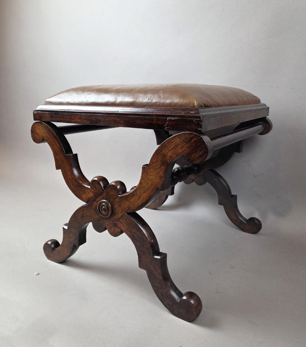 Rosewood Stool With Leather Seat, English Work, 19th Century-photo-3