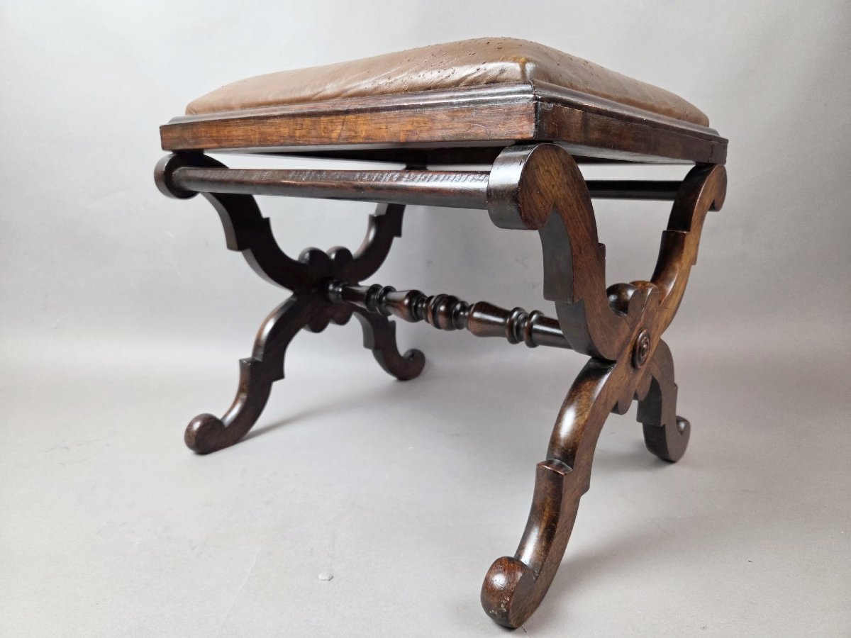 Rosewood Stool With Leather Seat, English Work, 19th Century-photo-1
