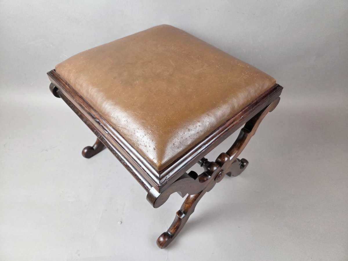 Rosewood Stool With Leather Seat, English Work, 19th Century-photo-3