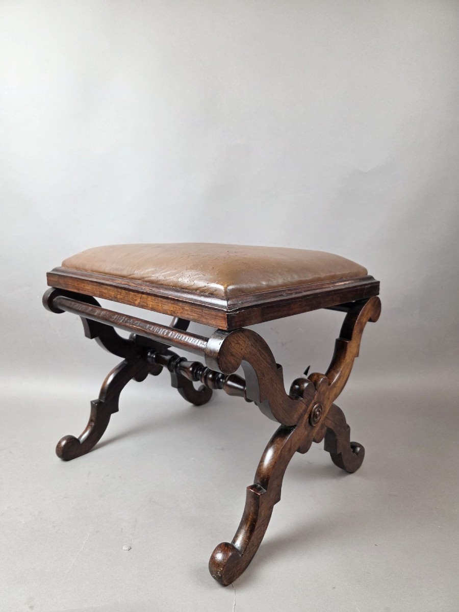 Rosewood Stool With Leather Seat, English Work, 19th Century
