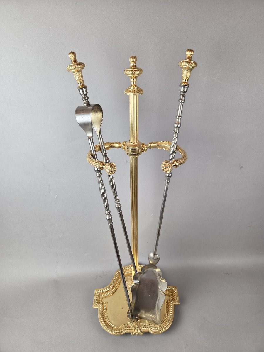 Nécessaire de cheminée en fer forgé et bronze doré, 19th-photo-2