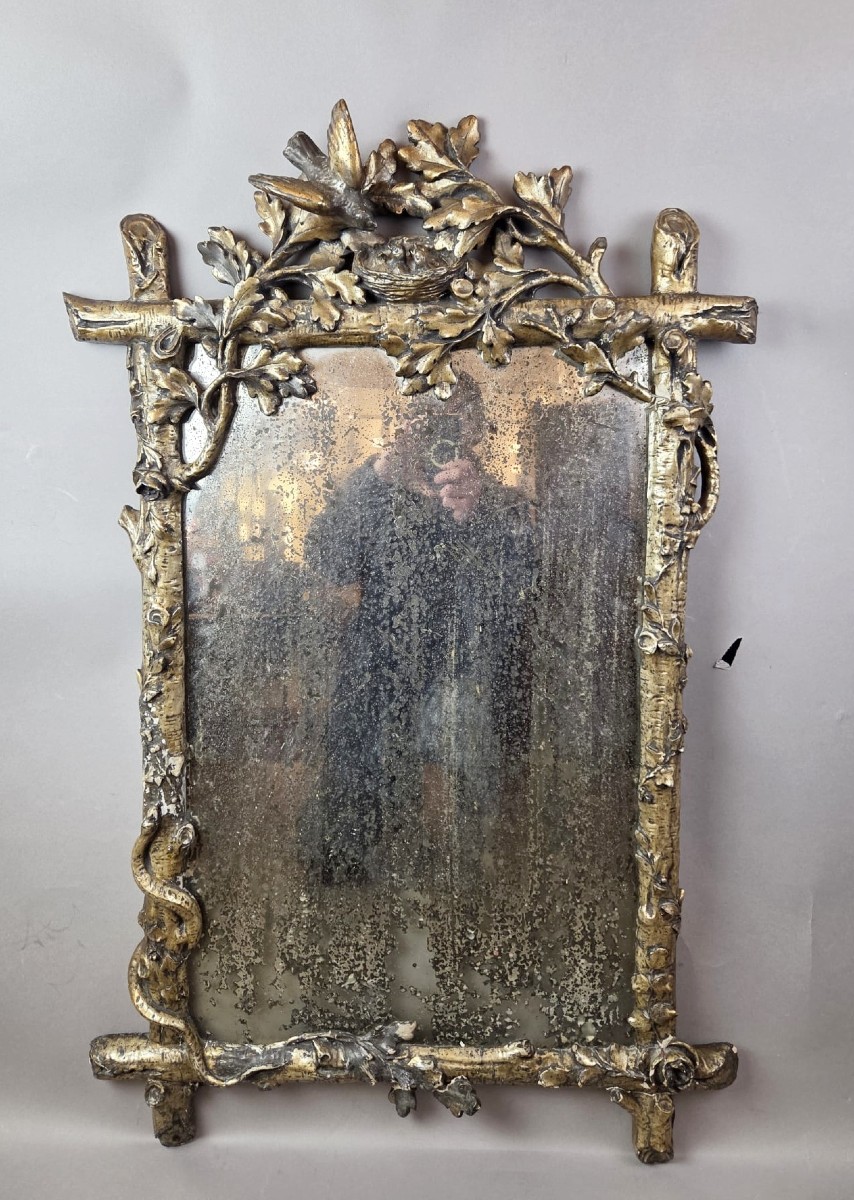 A Finely Carved Giltwood Mirror Depicting A Bird's Nest, Foliage, And A Serpent, 19th Century