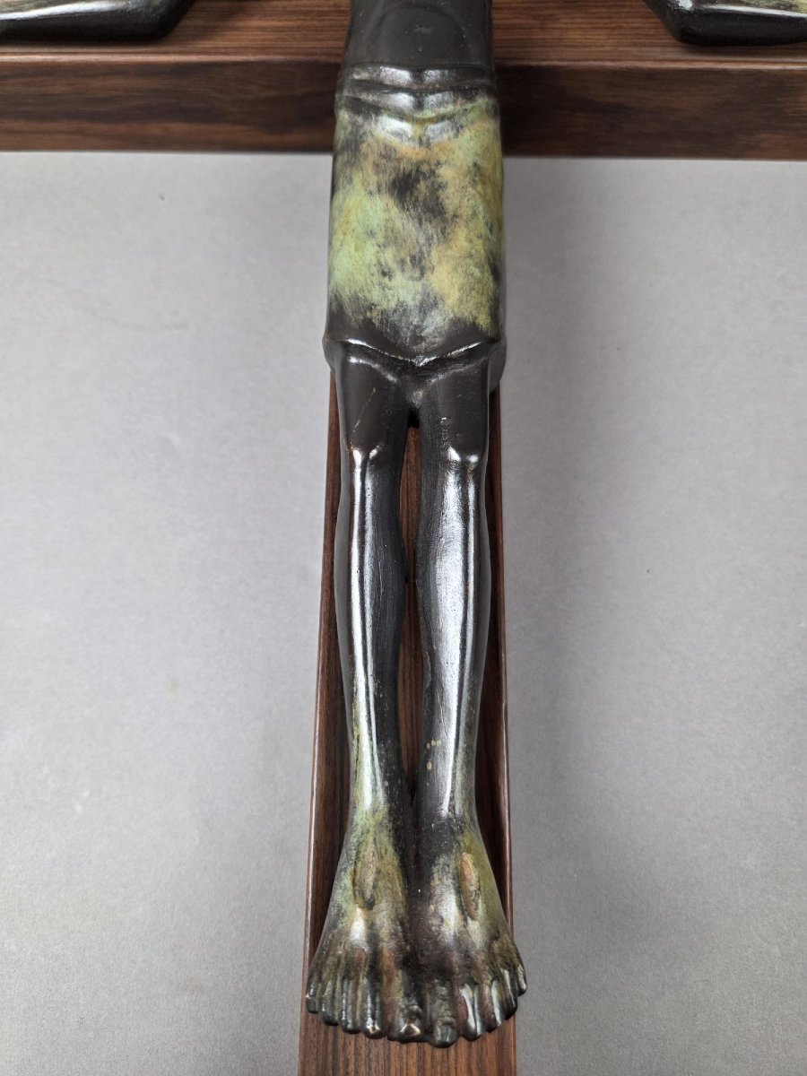 Jean Lambert Rucki "christ" In Bronze With Green Patina And Rosewood-photo-3