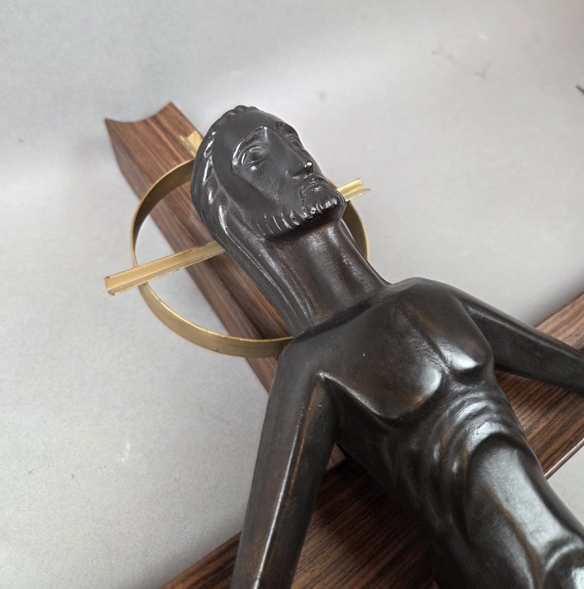 Jean Lambert Rucki "christ" In Bronze With Green Patina And Rosewood-photo-1