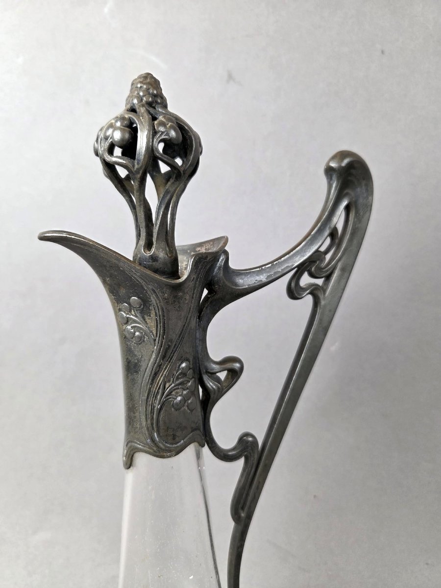 Paire d'aiguières Art nouveau en verre et étain-photo-3
