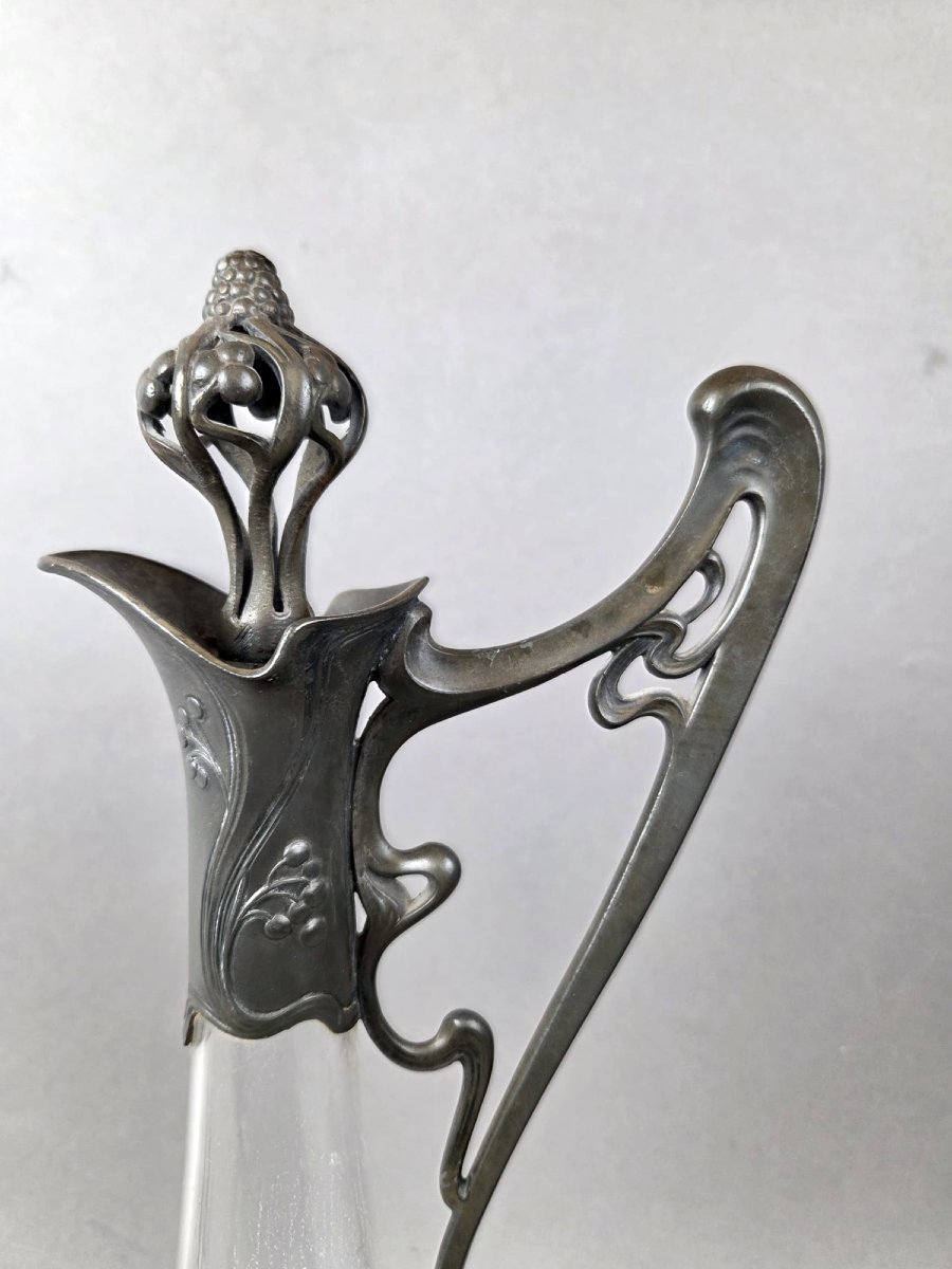 Paire d'aiguières Art nouveau en verre et étain-photo-1
