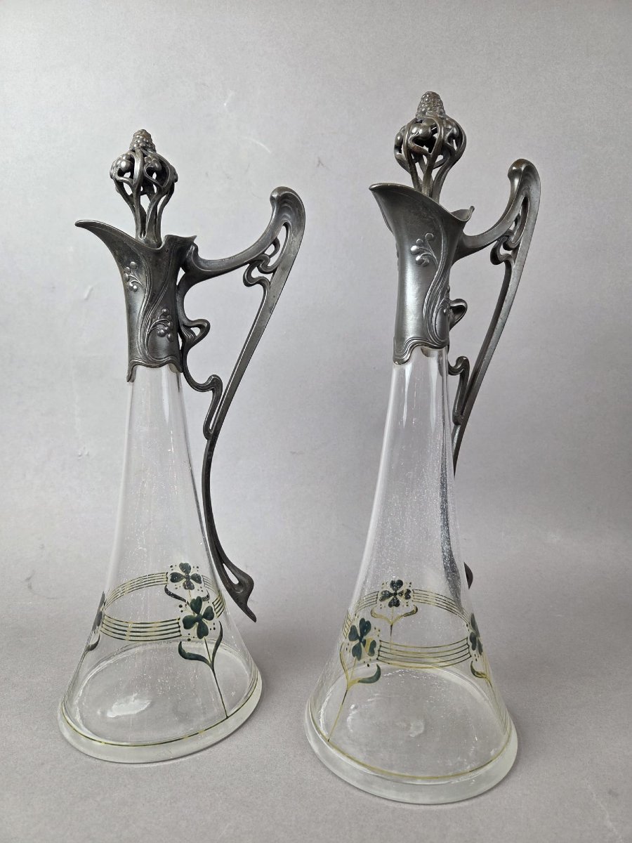 Paire d'aiguières Art nouveau en verre et étain-photo-5