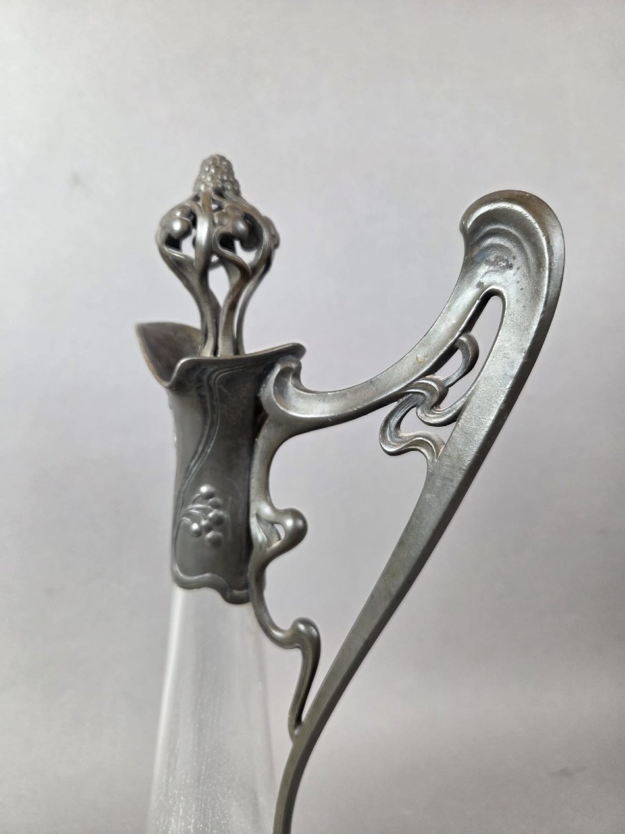 Paire d'aiguières Art nouveau en verre et étain-photo-6