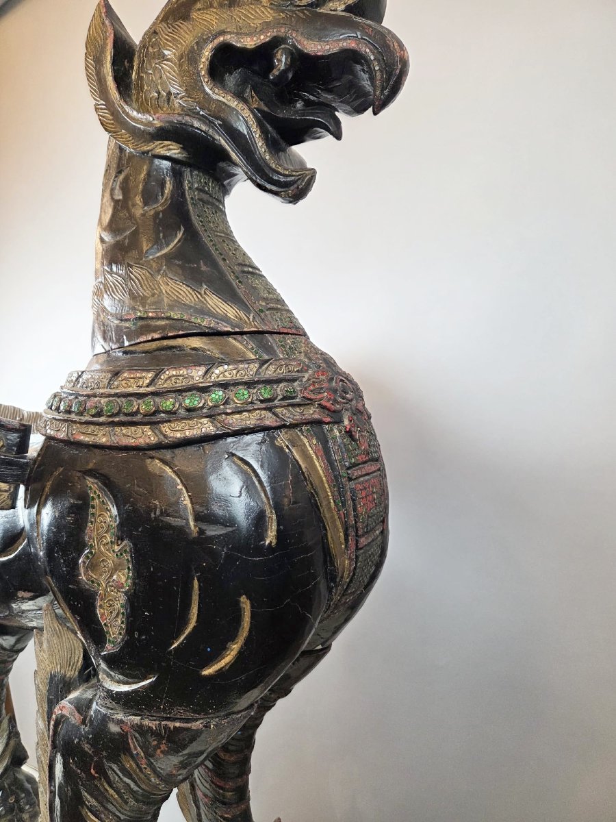 Grand chien de Fô en bois sculpté, Thaïlande-photo-6