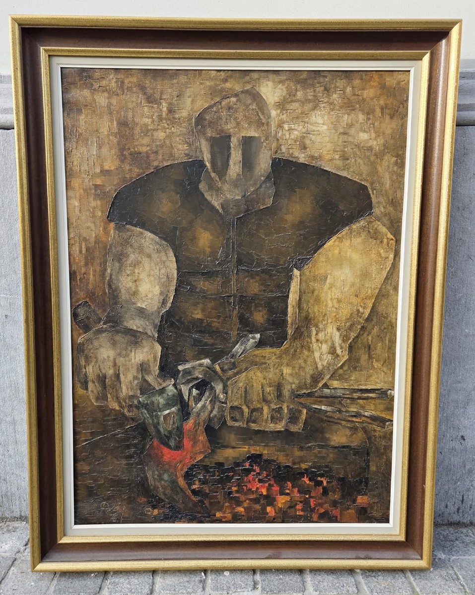 Oil On Canvas "blacksmith" Signed Roby And Dated 76