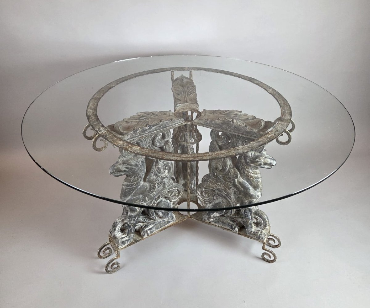 Table, piètement en zingue et fer forgé, tablette en verre-photo-2