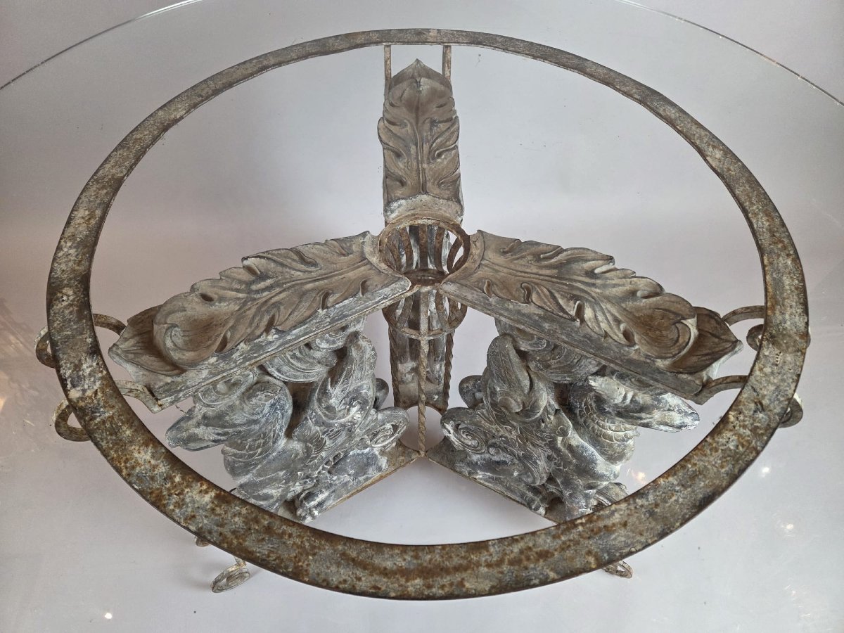 Table, piètement en zingue et fer forgé, tablette en verre-photo-2