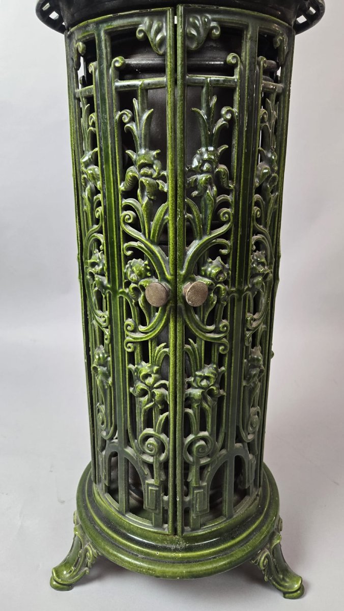 Green Enameled Cast Iron Wood-burning Stove, Circa 1900-photo-2