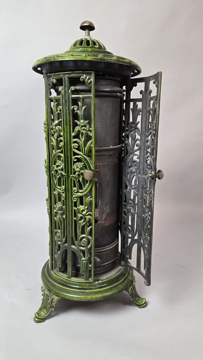 Green Enameled Cast Iron Wood-burning Stove, Circa 1900-photo-2