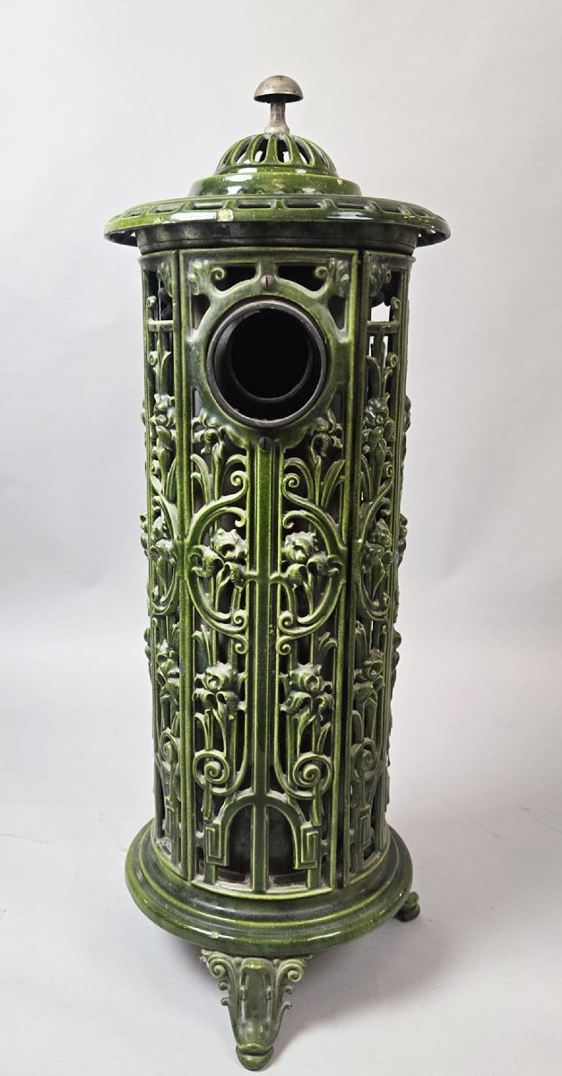 Green Enameled Cast Iron Wood-burning Stove, Circa 1900-photo-3