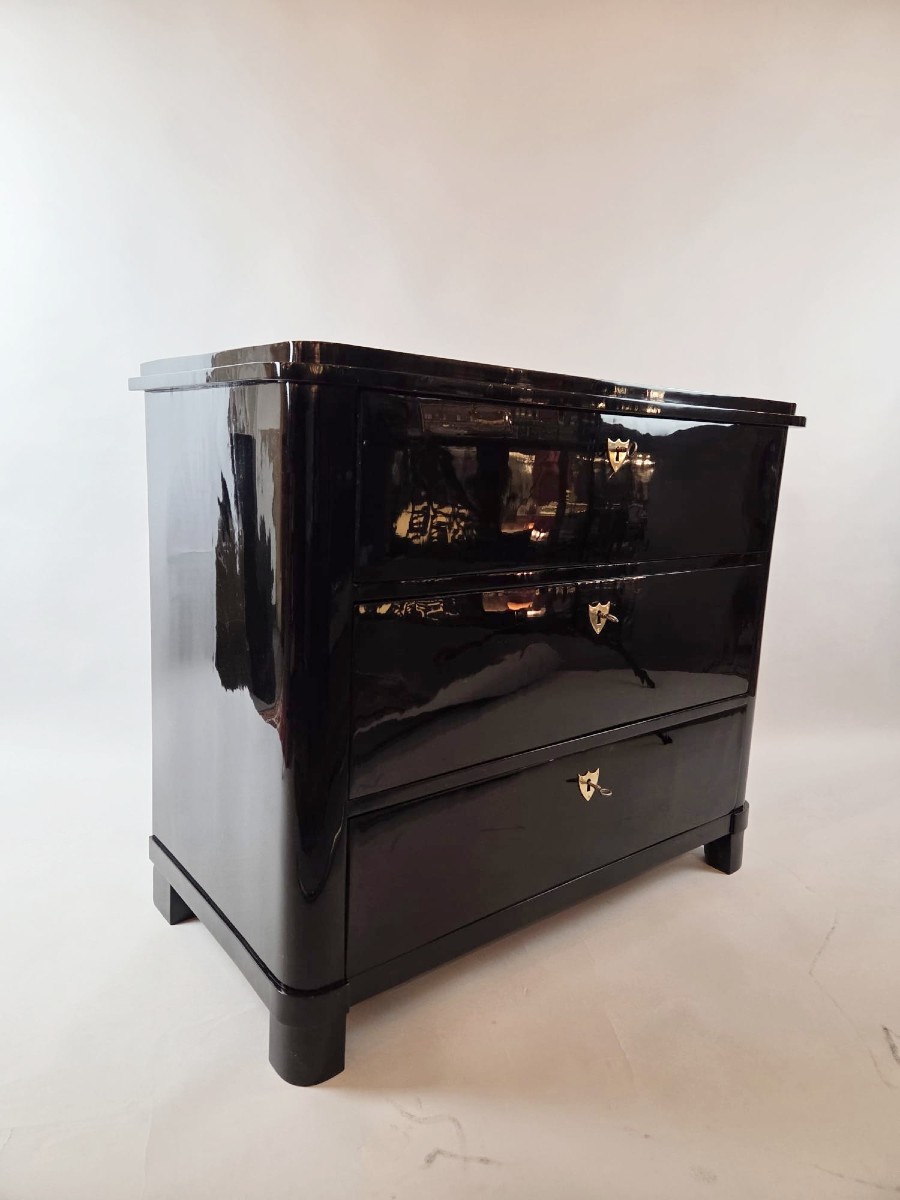 Biedermeier Chest Of Drawers In Black Lacquered Wood, Late 19th Century