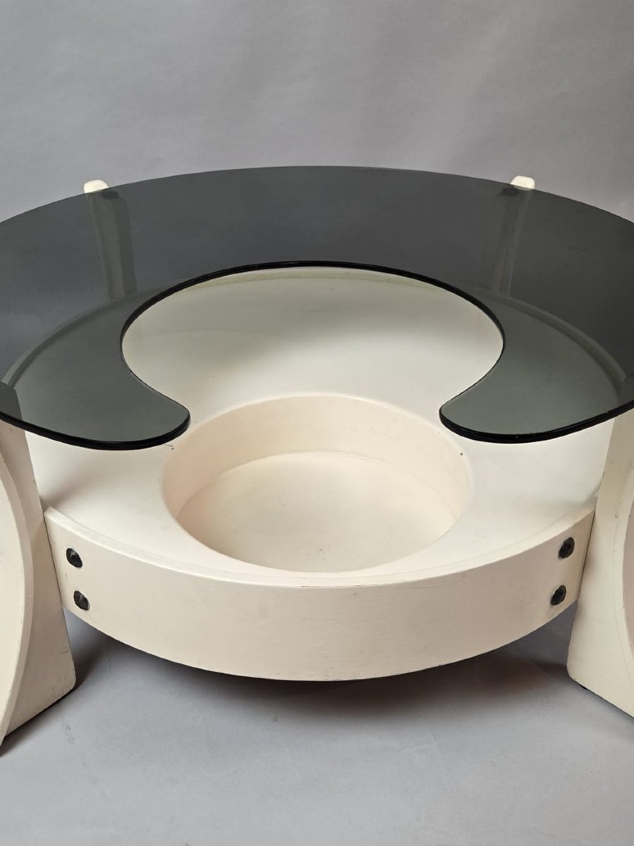 Table basse en bois laqué blanc et tablette en verre fumé, 1970-photo-2