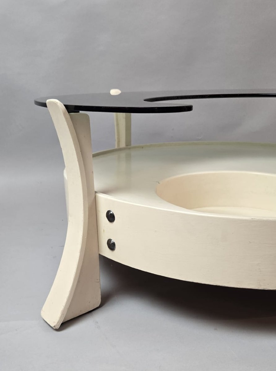 Table basse en bois laqué blanc et tablette en verre fumé, 1970-photo-3