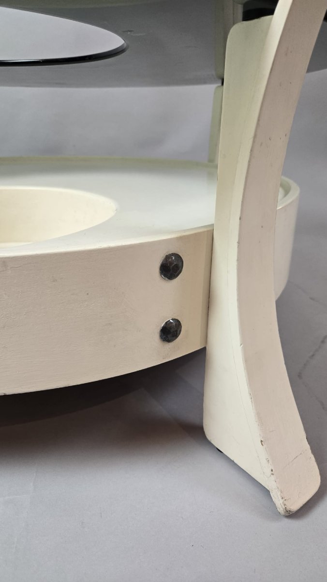 Table basse en bois laqué blanc et tablette en verre fumé, 1970-photo-4