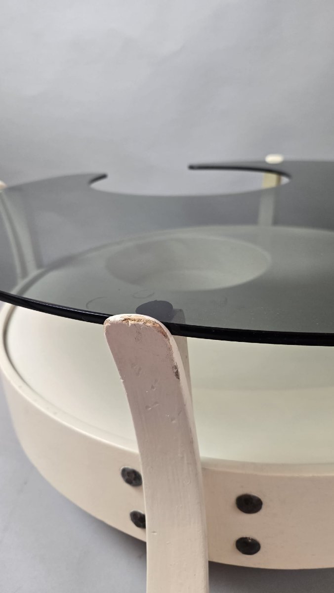 Table basse en bois laqué blanc et tablette en verre fumé, 1970-photo-3