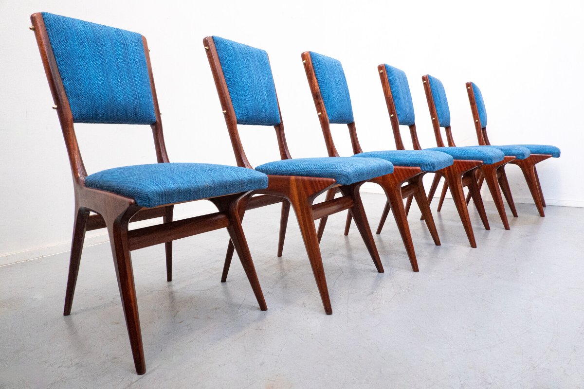 Suite de 6 chaises bleues, modèle 634, par Carlo De Carli pour Cassina, Italie, années 1950.-photo-4